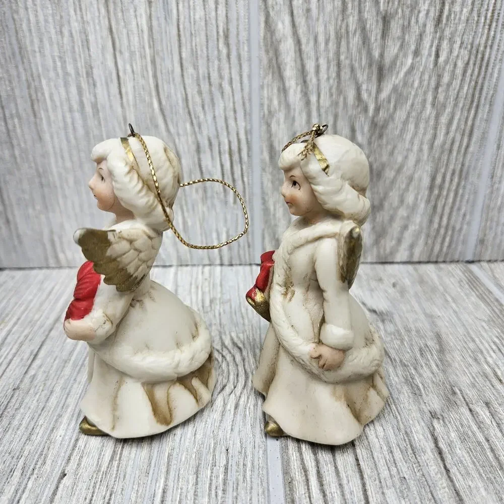 Vintage Homco Angel Christmas Ornaments Set of 2 Figurines Gold Wings Taiwan VTG